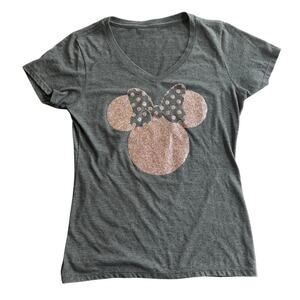 MINNIE MOUSE Disney Pink Glitter Sparkley Minnie Grey V-Neck T-shirt Women's M